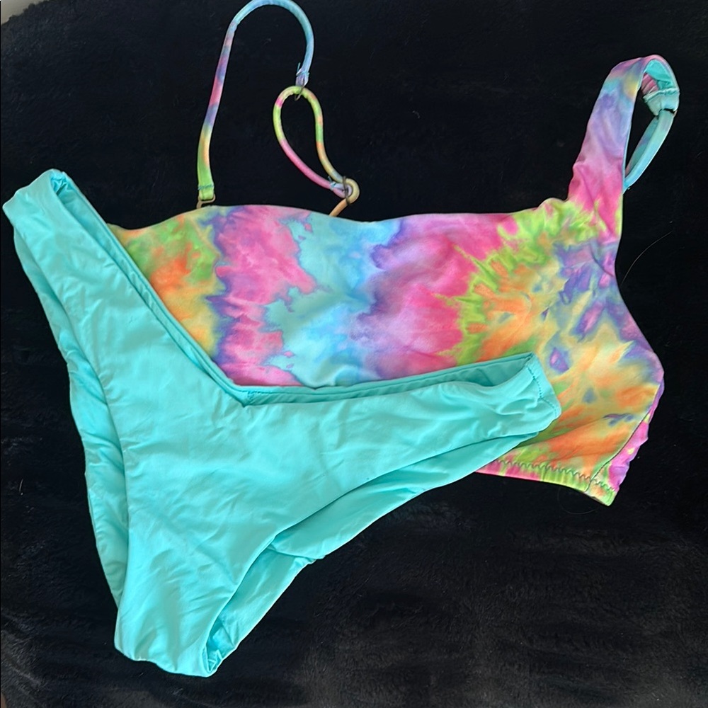 BECCA by Rebecca Virtue Medium Tie Dye Bikini Top & Teal Bikini Scrunch Bottom